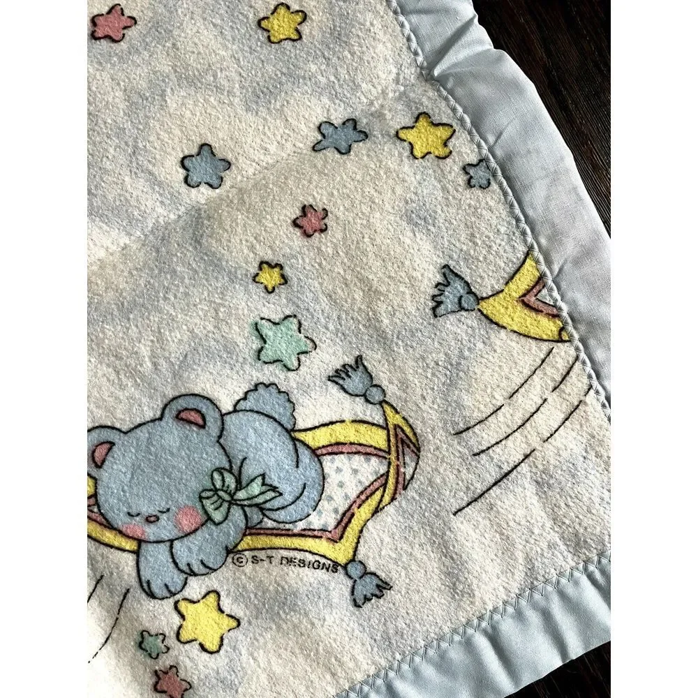 New Baby Blanket Vintage Satin Trim Teddy Bear Acrylic Stars Cuddle Time‎